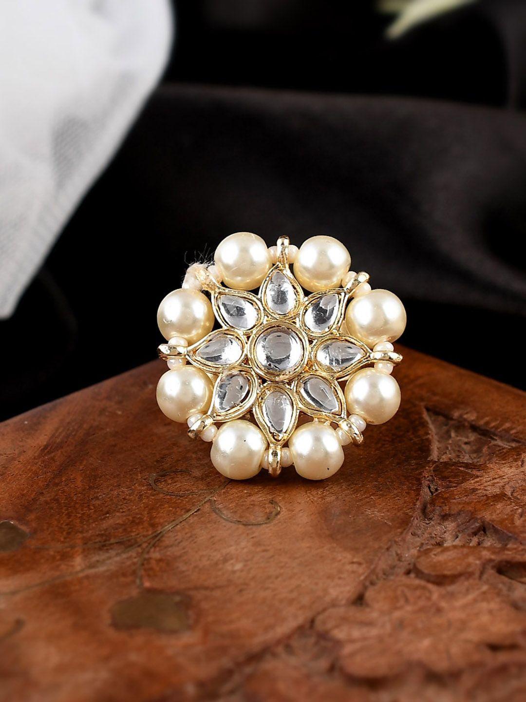 shoshaa gold-plated white kundan studded & beaded ring