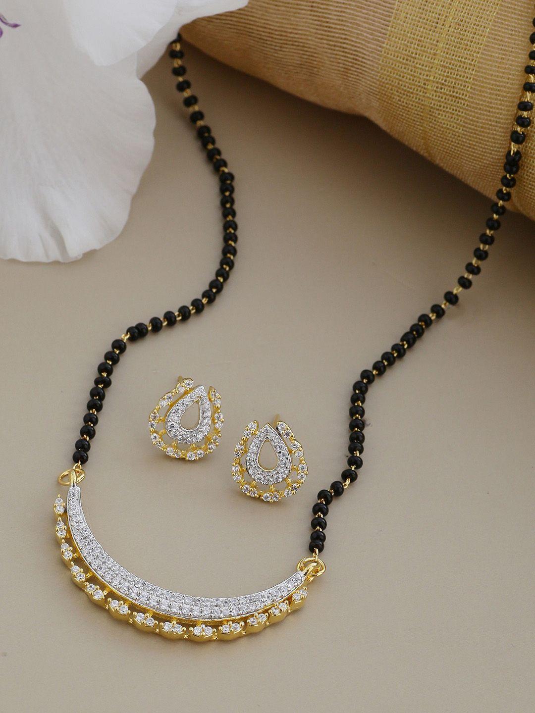 shoshaa gold-toned & black beaded ad-studded mangalsutra with earrings