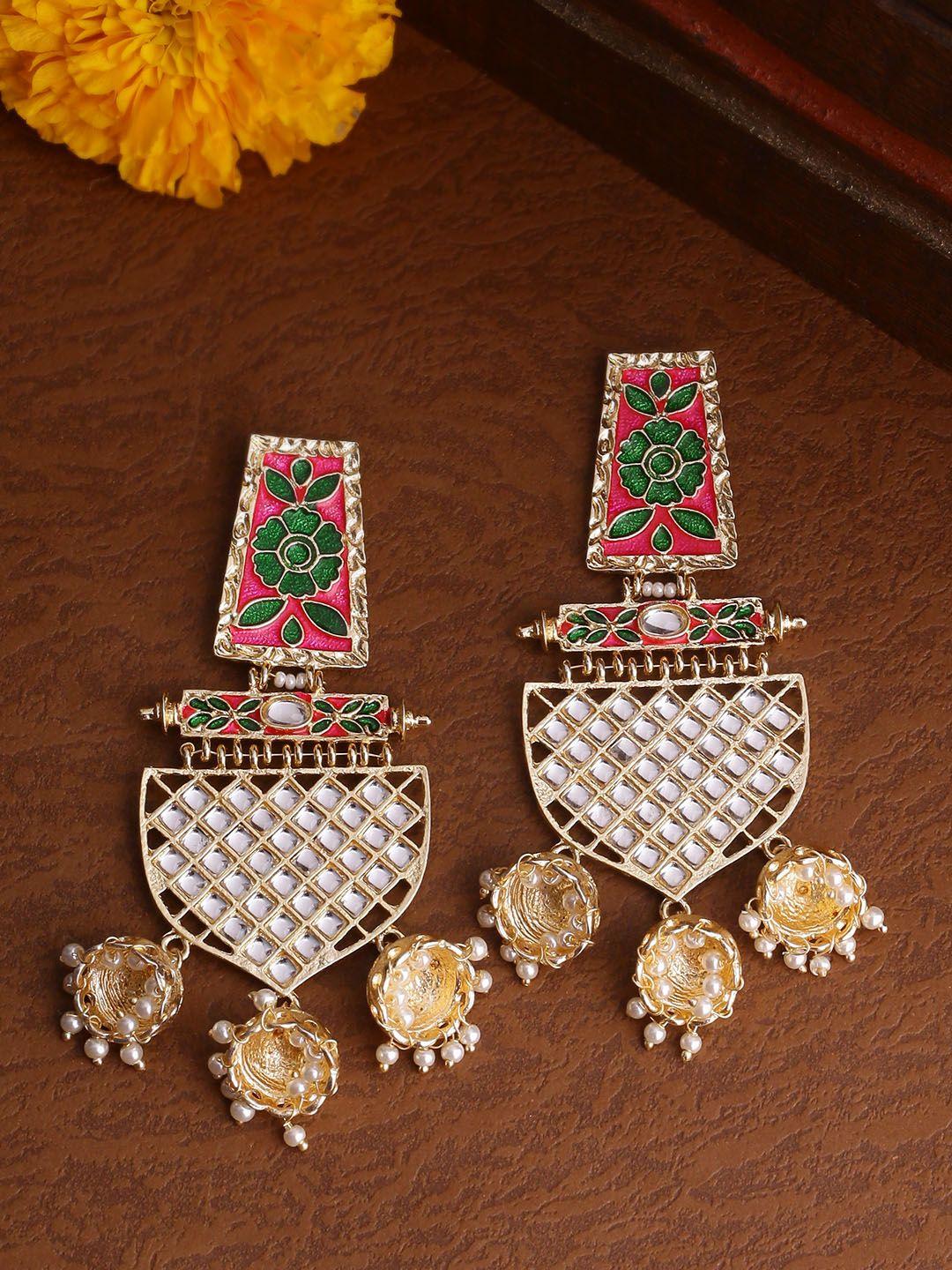 shoshaa gold-toned & pink contemporary kundan drop earrings