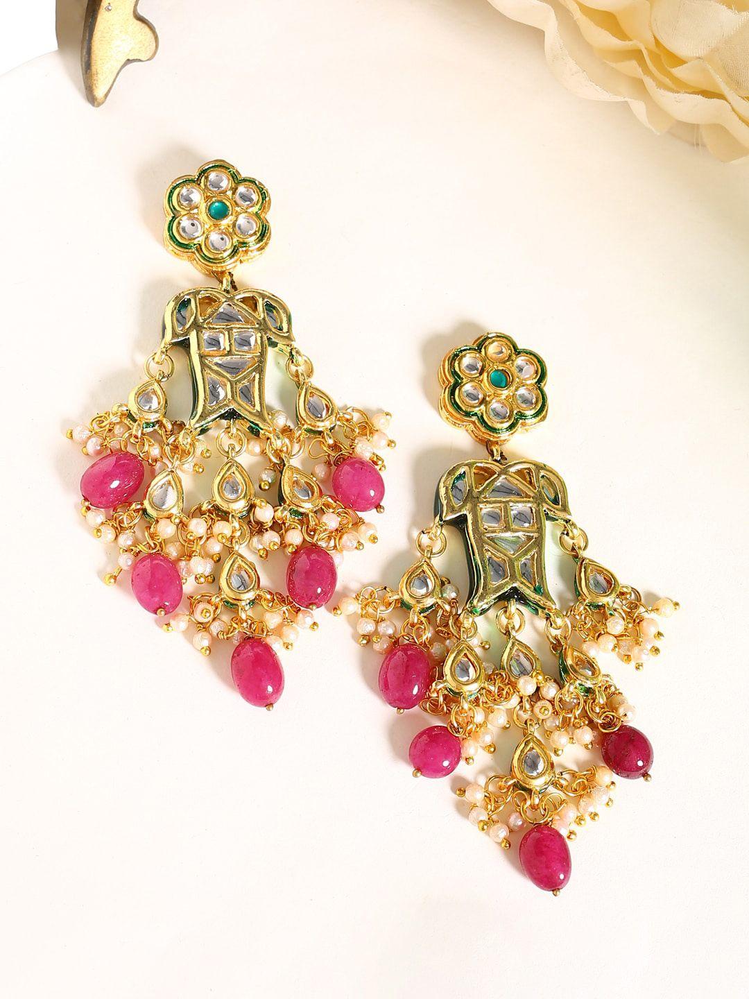 shoshaa magenta & gold-plated handcrafted kundan classic drop earrings