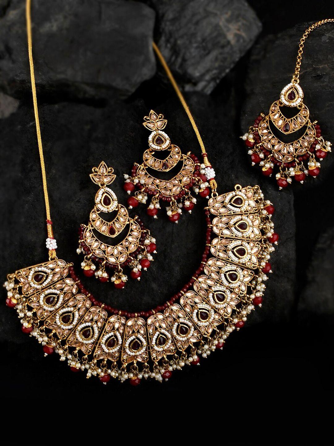 shoshaa maroon stone-studded & beaded jewelry set