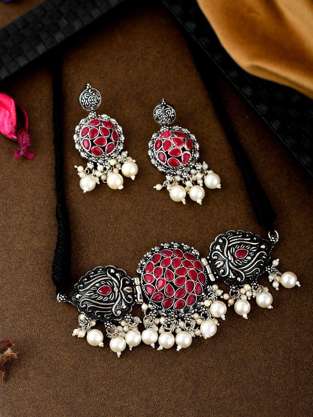 shoshaa oxidised silver-plated & red stones-studded jewellery set