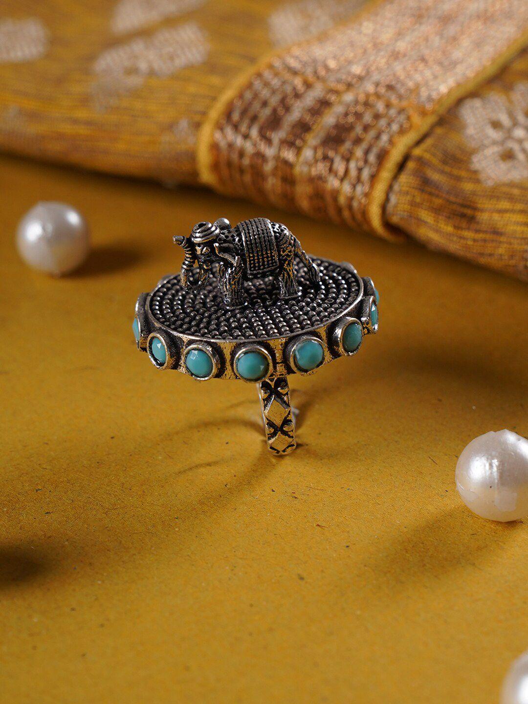 shoshaa oxidised silver-plated & turquoise blue stone-studded handcrafted finger ring