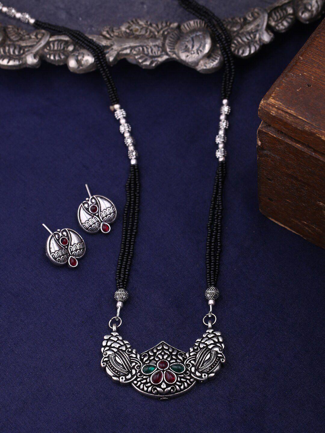 shoshaa oxidised silver-plated black & pink stone-studded & beaded jewellery set