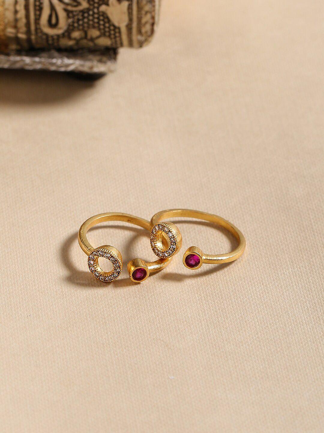 shoshaa set of 2 gold-plated white & pink stone-studded toe rings