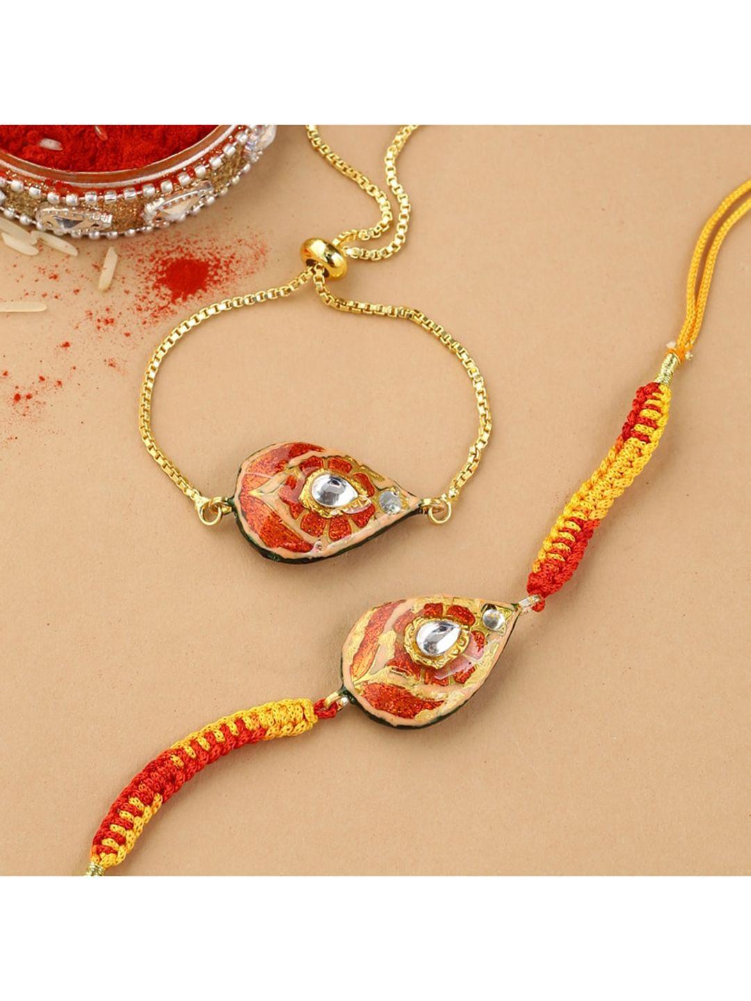 shoshaa set of 2 red & gold-coloured stone-studded rakhi