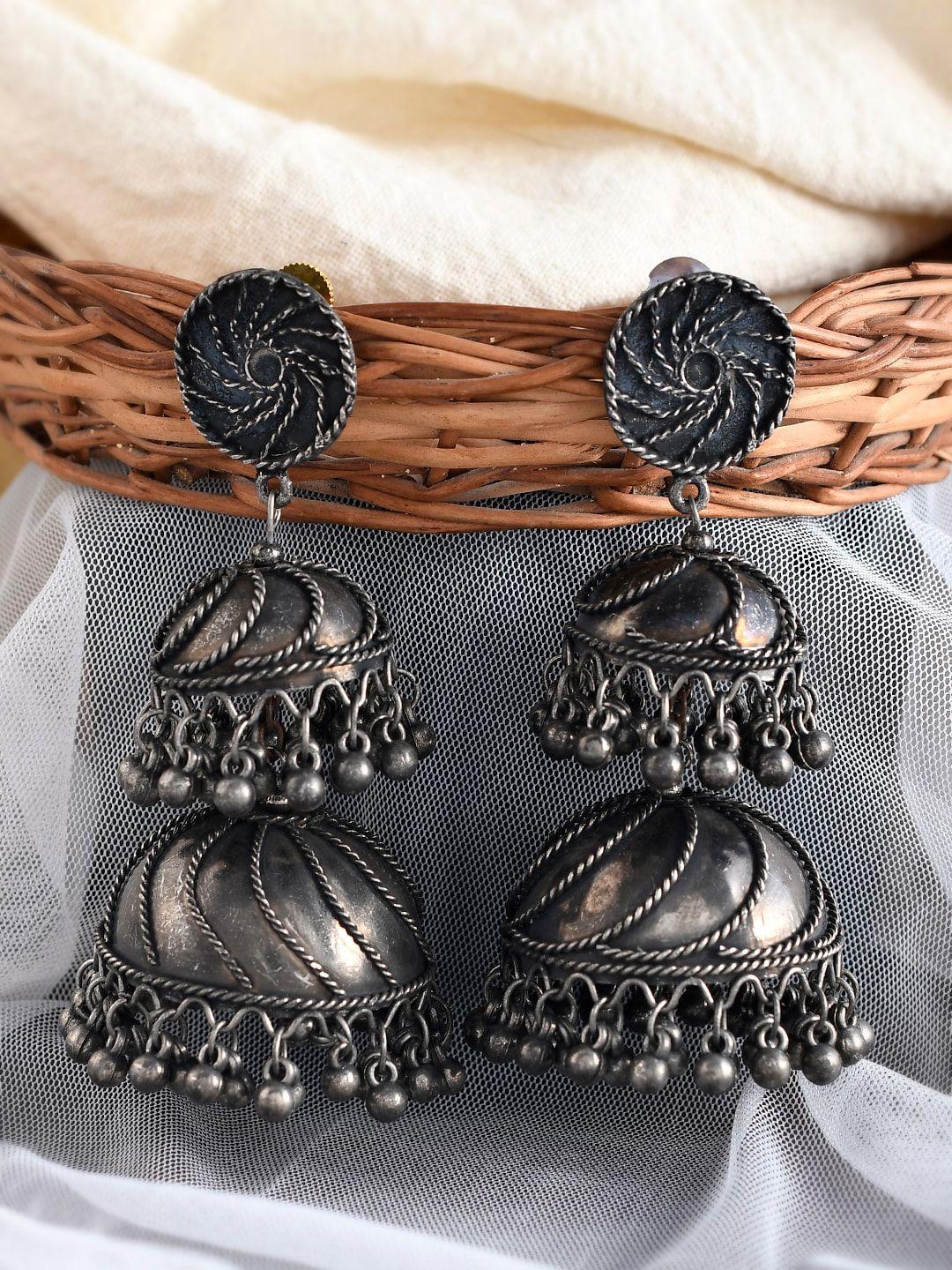 shoshaa silver-plated dome shaped jhumkas earrings
