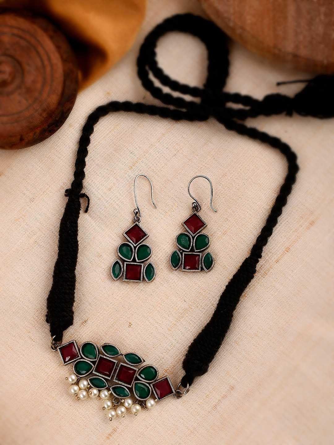 shoshaa silver-plated green & red oxidised handcrafted jewellery set