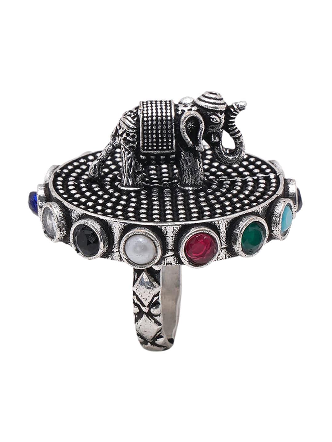 shoshaa silver-plated red & white stone-studded handcrafted finger ring