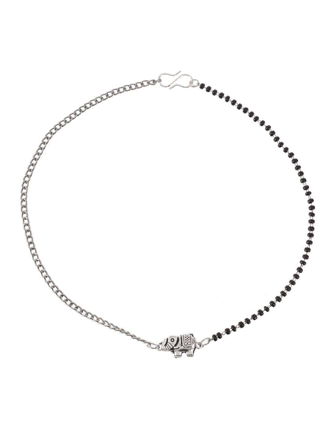 shoshaa silver-plated stone-studded & black beaded anklet