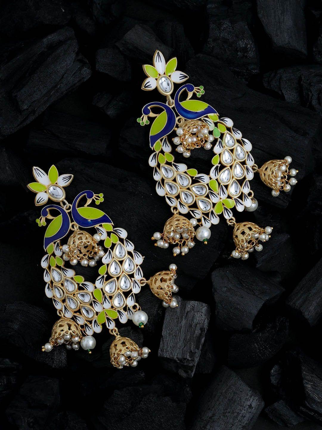 shoshaa white & green handcrafted peacock shaped kundan drop earrings