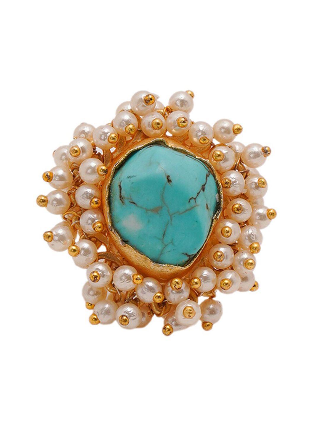 shoshaa women gold-plated & turquoise blue stone-studded adjustable handcrafted finger ring