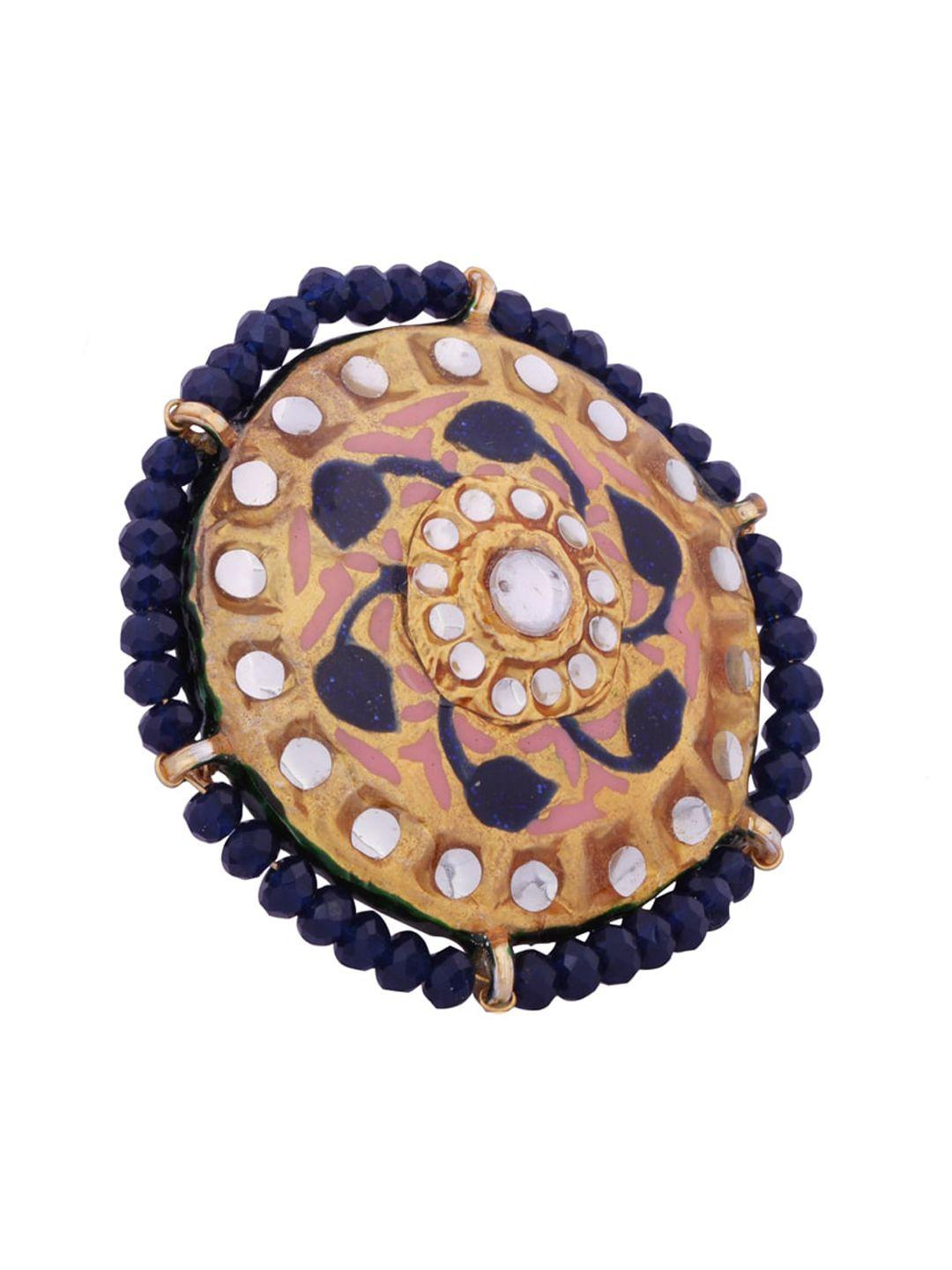 shoshaa women gold-plated blue & peach-colour stone-studded beaded enamelled handcrafted finger ring