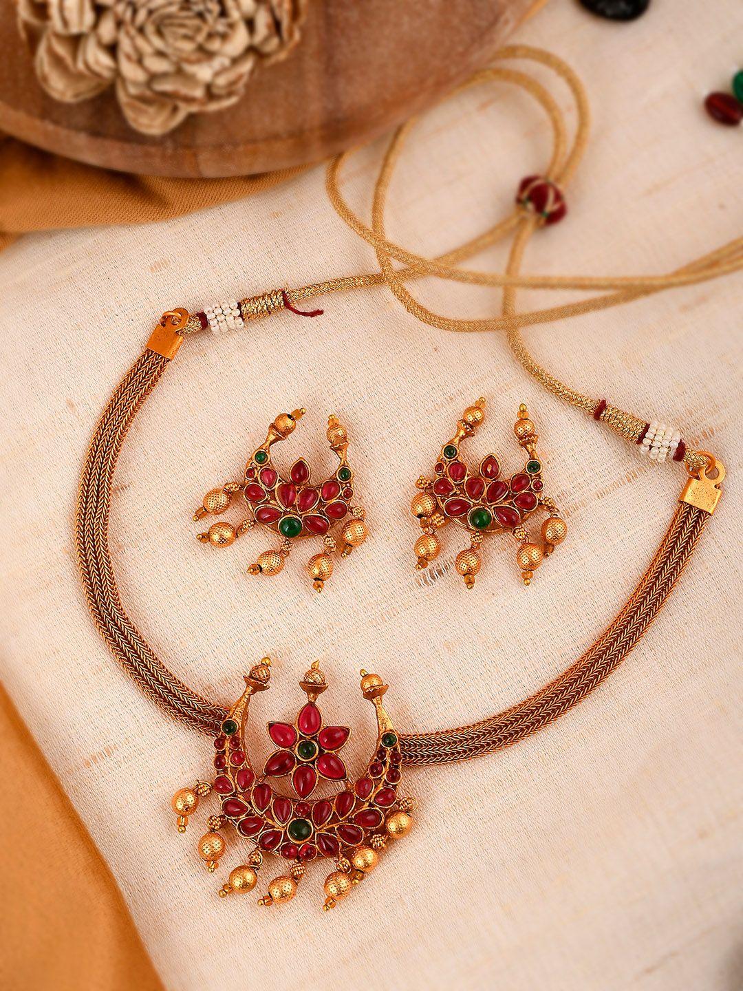 shoshaa women gold-plated magenta artificial stone studded jewellery set