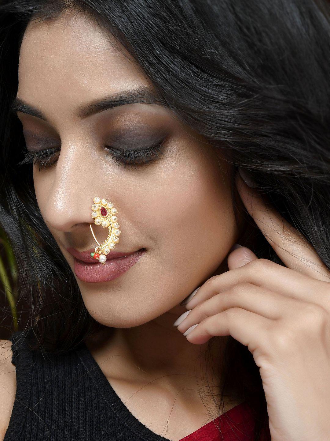 shoshaa women gold-plated pink stones-studded & beaded stud nosepin