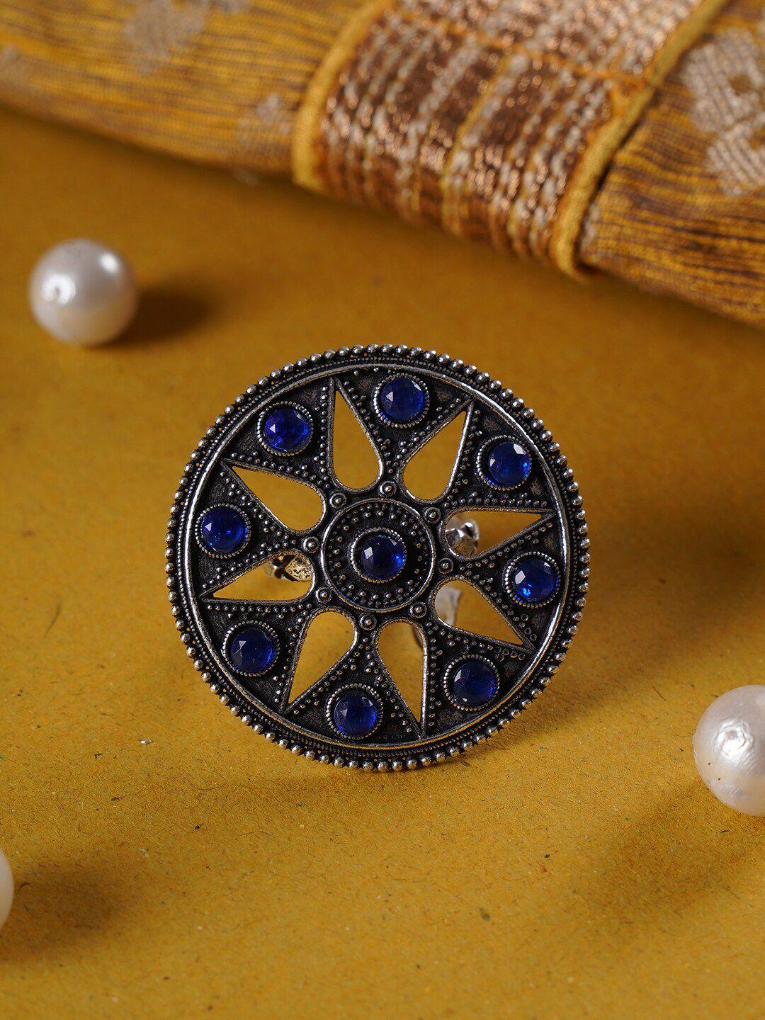 shoshaa women silver-plated blue stone-studded oxidised finger ring
