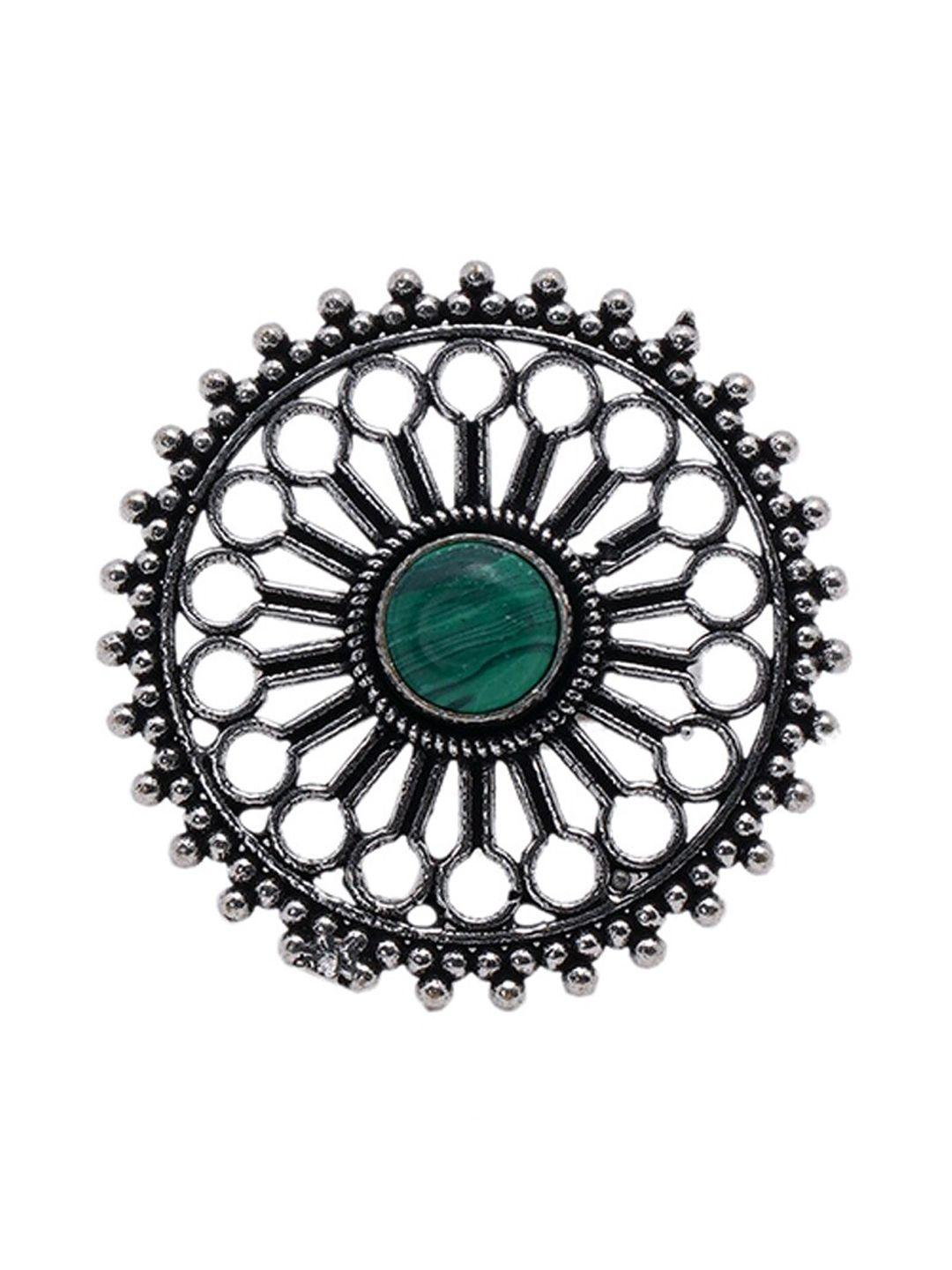 shoshaa women silver-plated green stone-studded oxidised finger ring