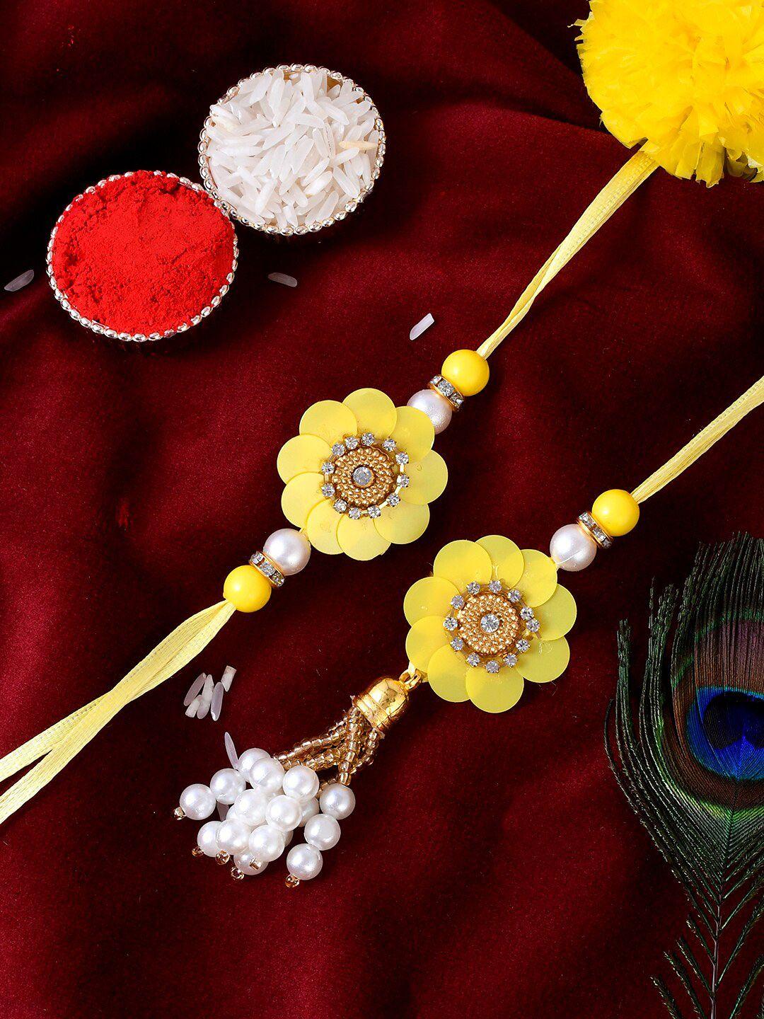 shoshaa yellow & white pearl-beaded lumba rakhi with roli & chawal