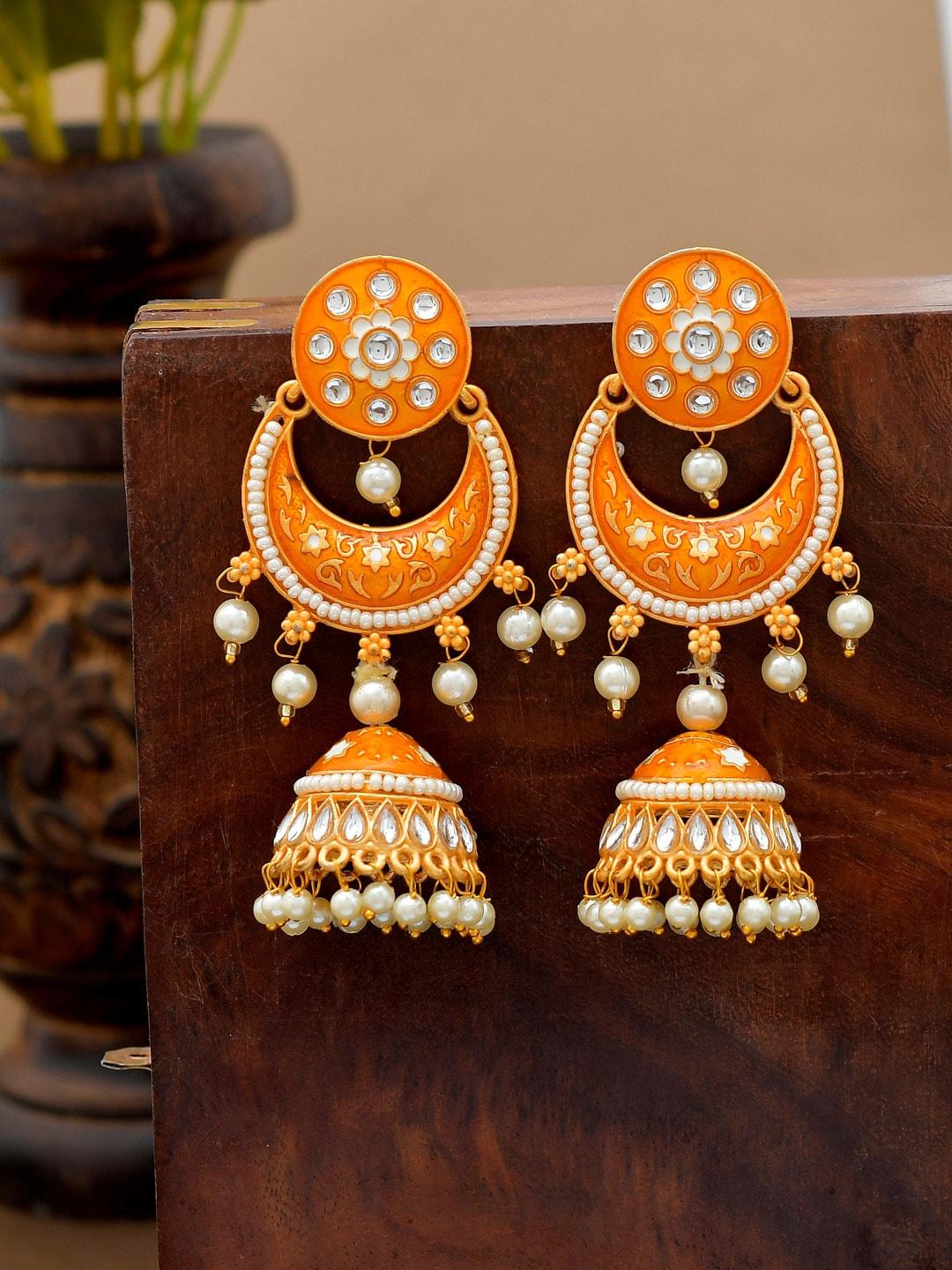 shoshaa yellow artificial stones & beads ethnic earrings