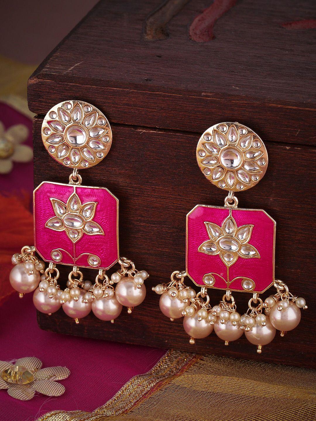 shoshaa fuchsia pink contemporary lotus motif enamel drop earrings
