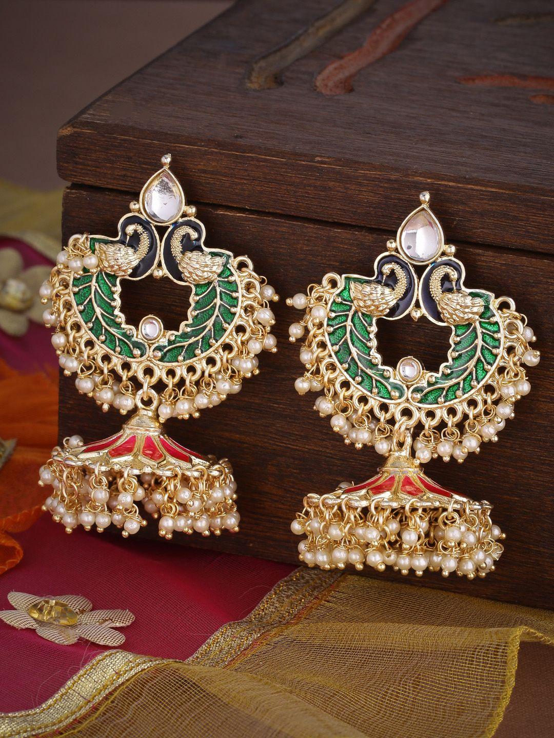 shoshaa gold-plated & green enamelled contemporary jhumkas