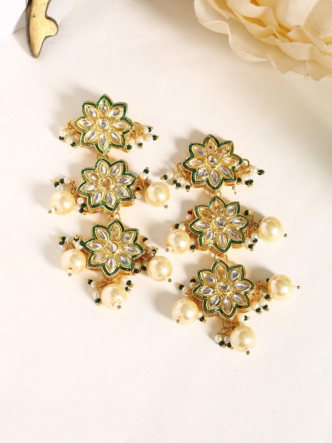shoshaa gold-plated & green handcrafted kundan floral drop earrings