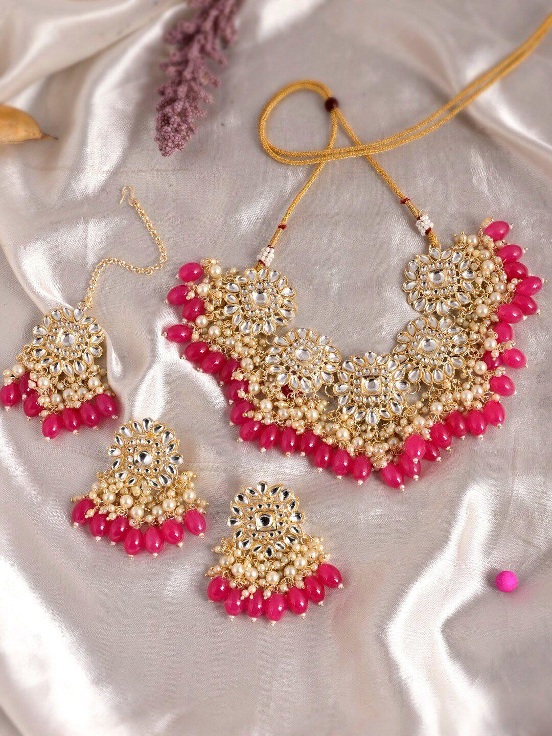shoshaa gold-plated & pink kundan-studded pearl beaded jewellery set