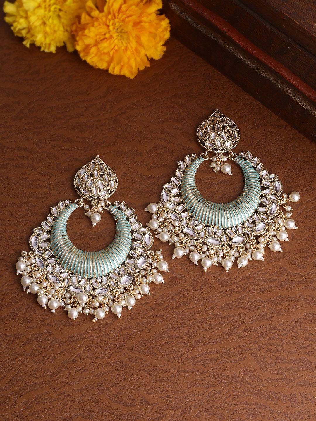 shoshaa gold-plated & sea green handcrafted crescent shaped drop earrings