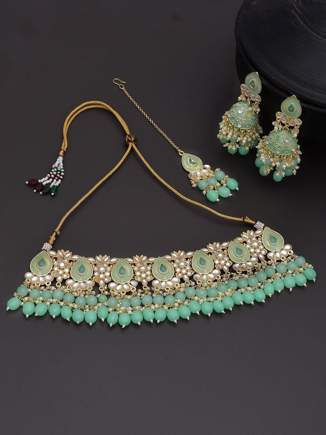 shoshaa gold-plated green & white stone-studded & beaded handcrafted jewellery set