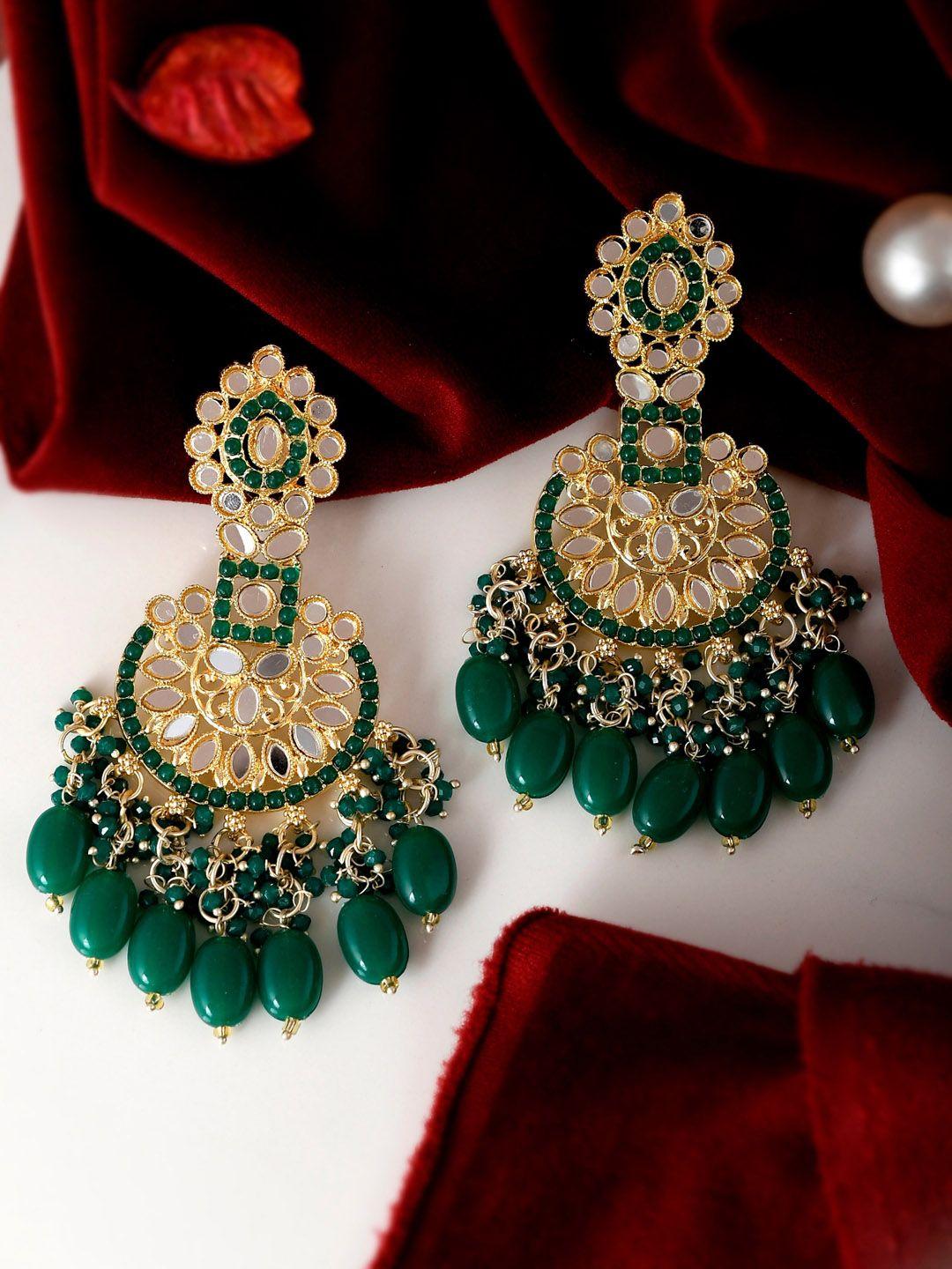 shoshaa gold-plated green studded chandbalis earrings