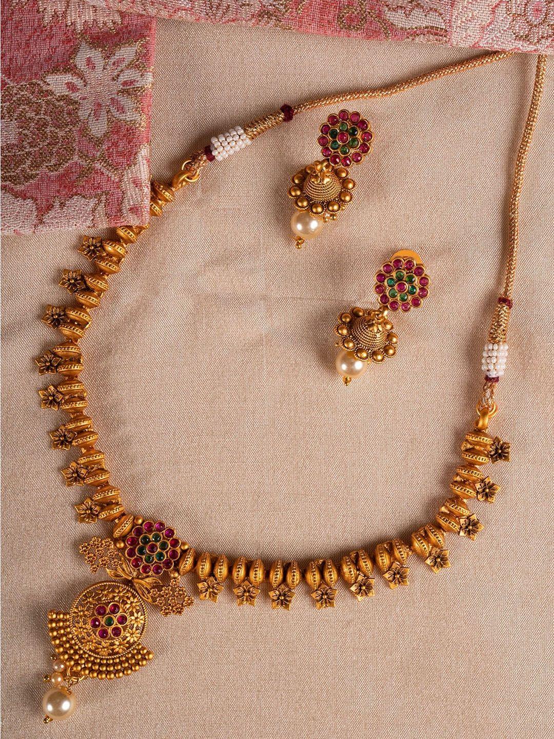 shoshaa gold-plated pink & green artificial stones studded handcrafted jewellery set