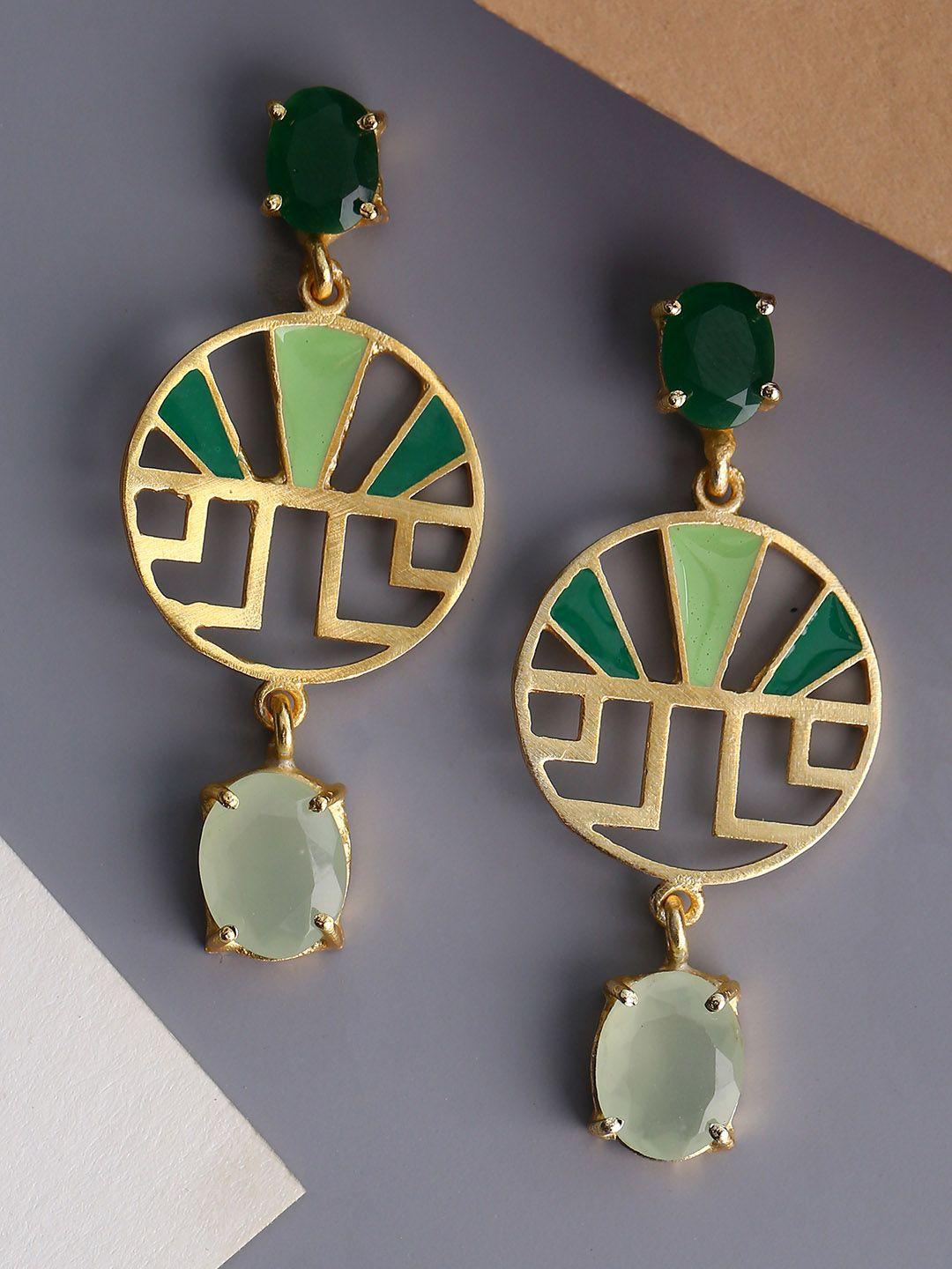shoshaa green & gold-plated circular drop earrings