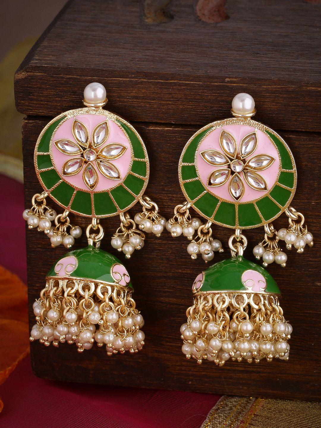 shoshaa green & gold-plated enamelled pearl studded dome shaped jhumkas