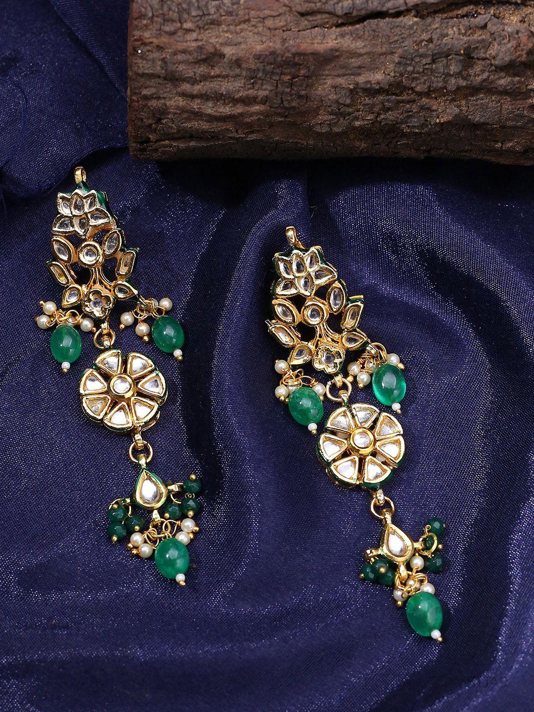 shoshaa green & gold-plated kundan studded geometric drop earrings