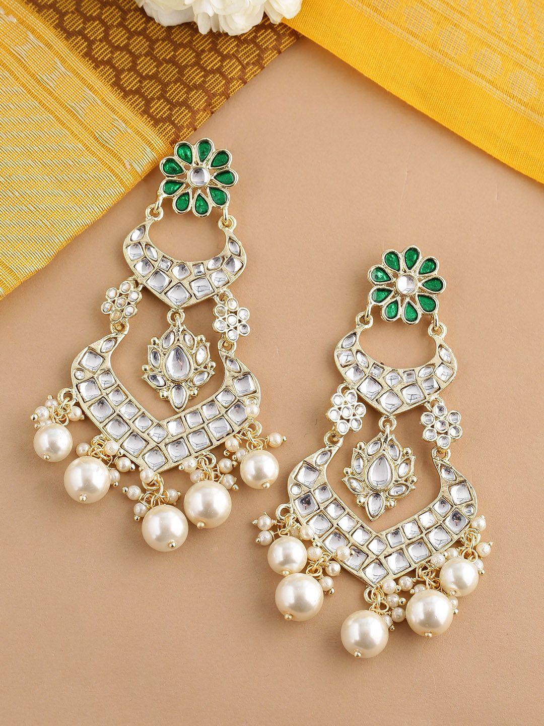 shoshaa off-white & green gold-plated kundan-studded & beaded classic drop earrings