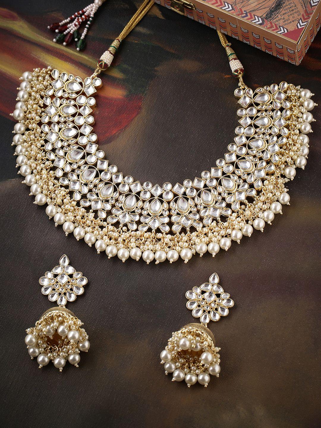 shoshaa off-white gold-plated kundan studded & pearl beaded necklace set