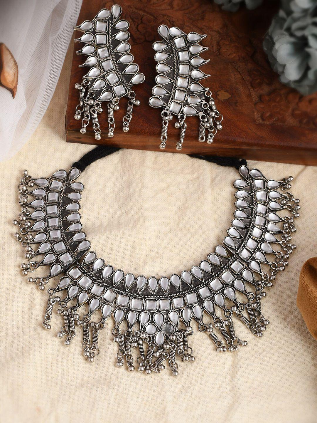 shoshaa oxidised silver-plated white kundan studded & beaded jewellery set