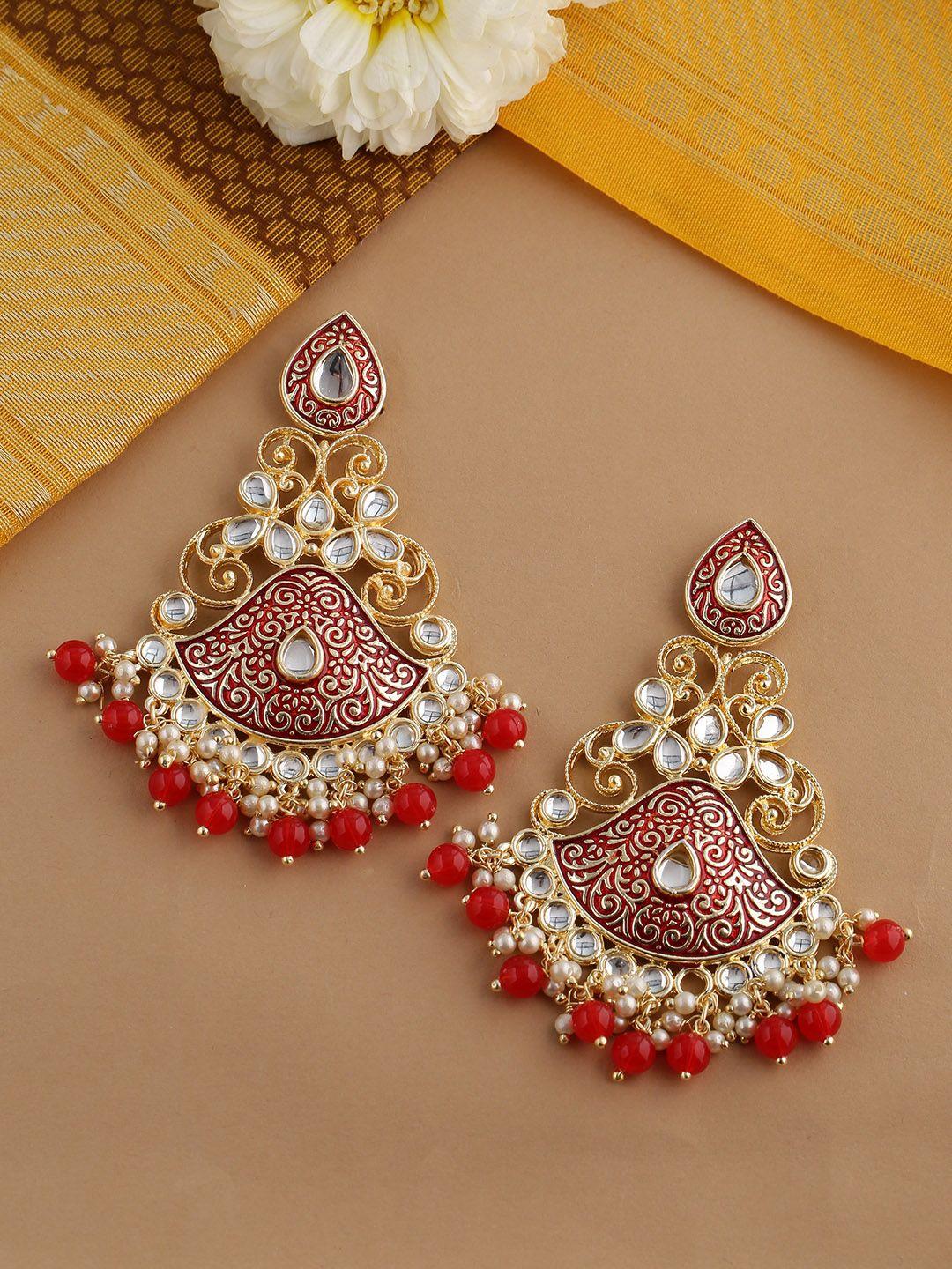shoshaa red gold-plated kundan-studded enamelled classic drop earrings