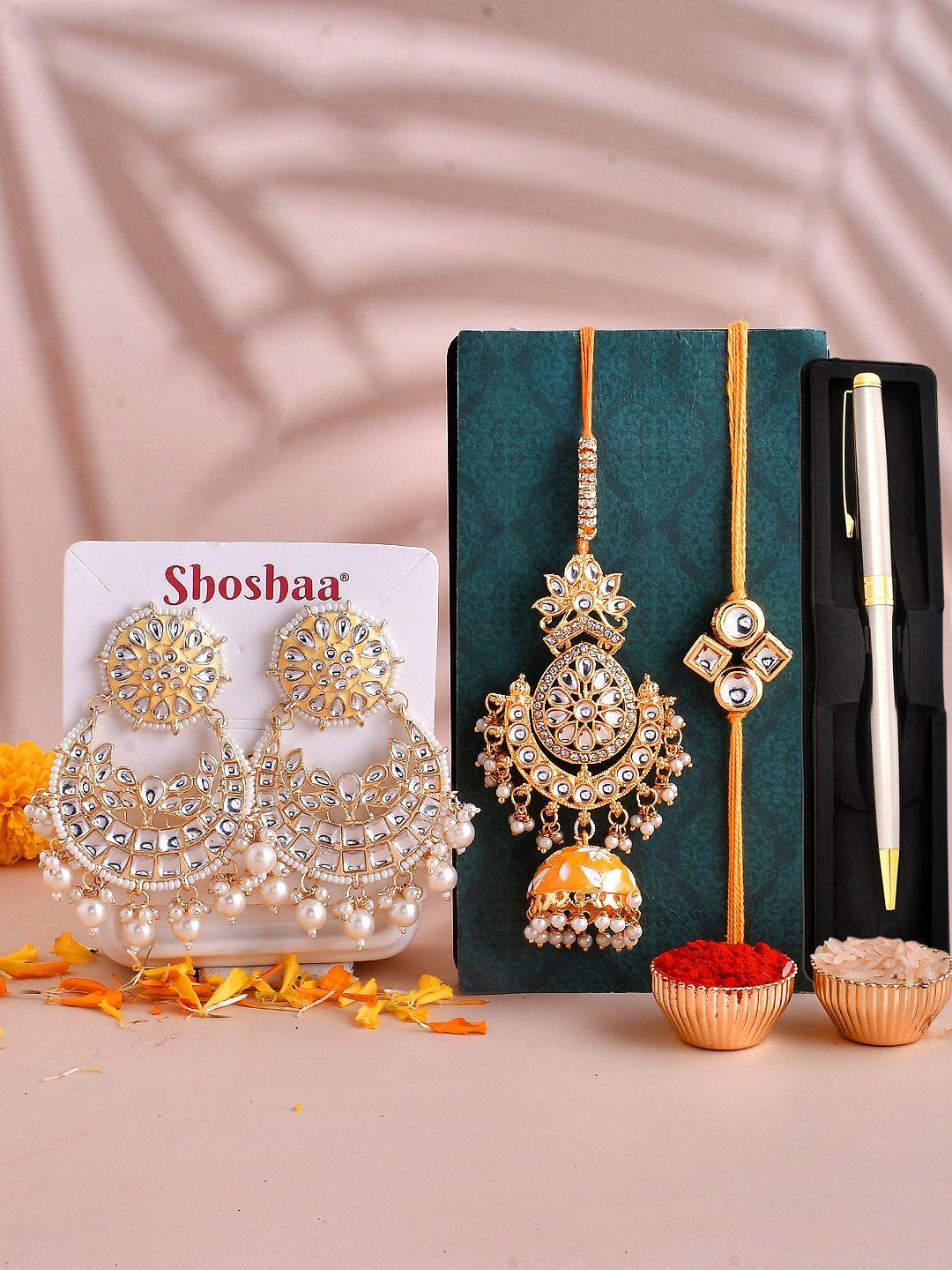 shoshaa set of 2 kundan rakhis with pen & earrings gift set