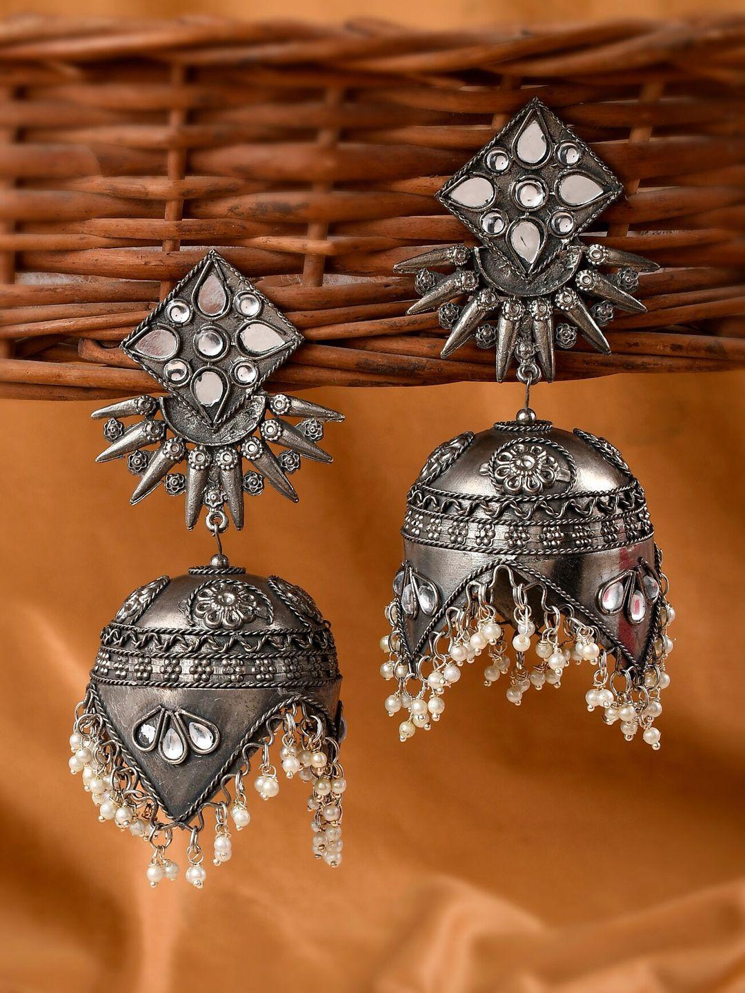 shoshaa silver-plated dome shaped jhumkas earrings