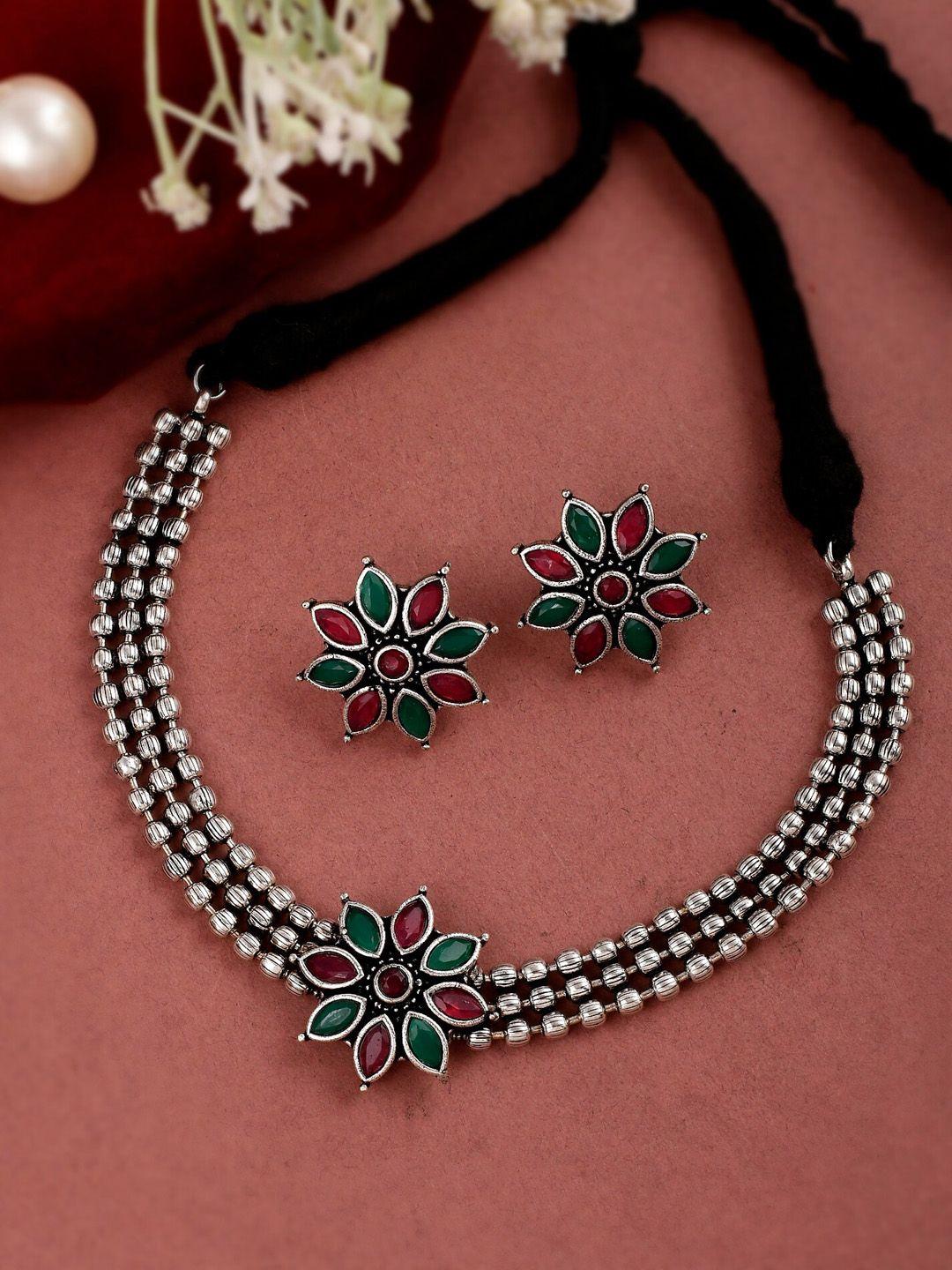 shoshaa silver-plated green & red stone-studded jewellery set