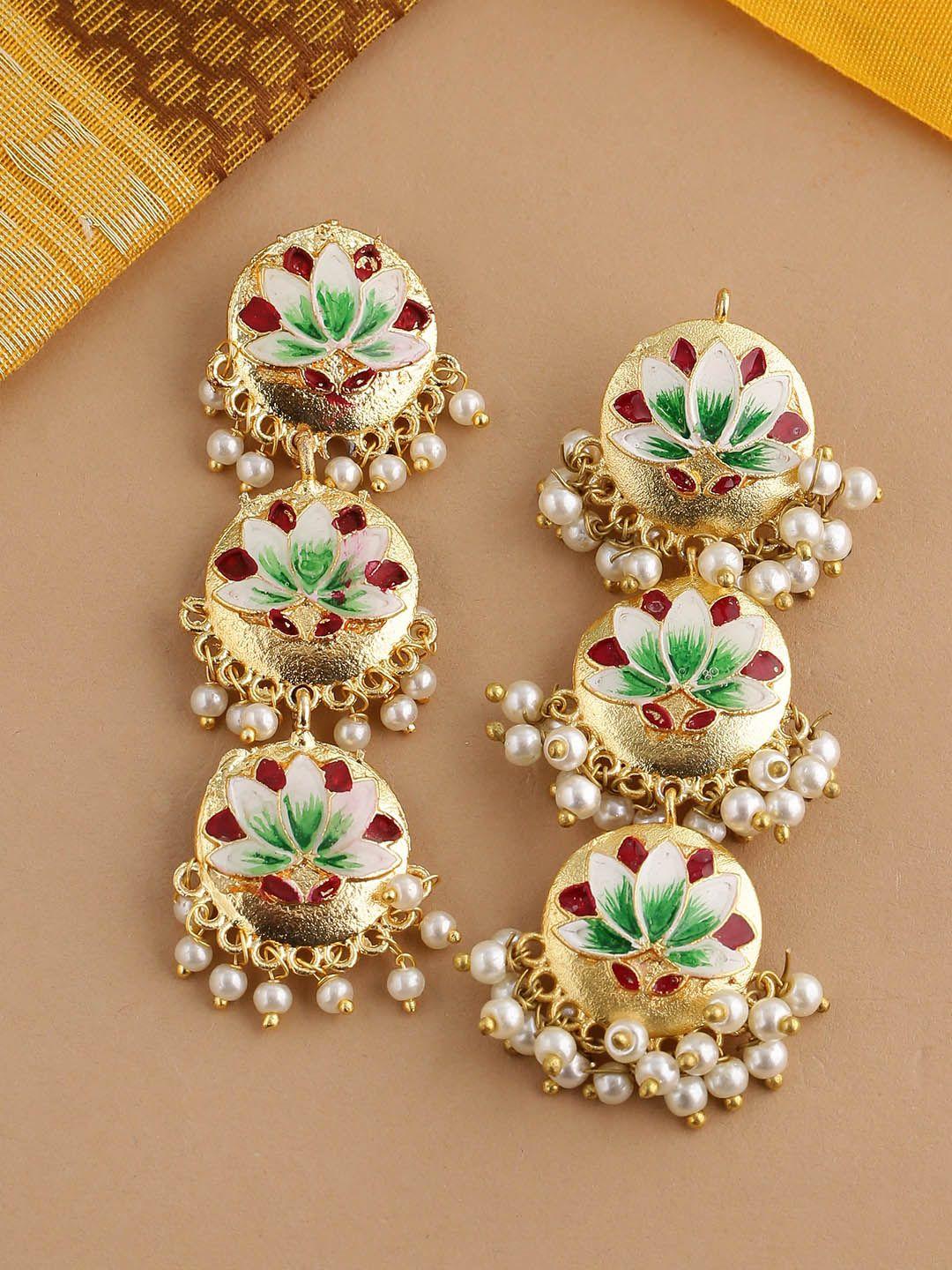 shoshaa white & green gold-plated beaded lotus hand painted circular drop earrings