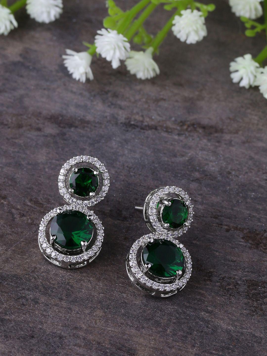 shoshaa women green & silver-toned silver-plated cz stone-studded circular drop earrings