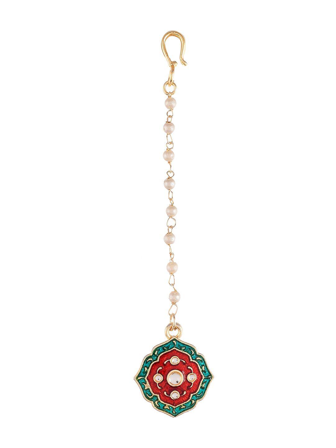 shoshaa women red & green handcrafted stone-studded & enamelled maangtikka