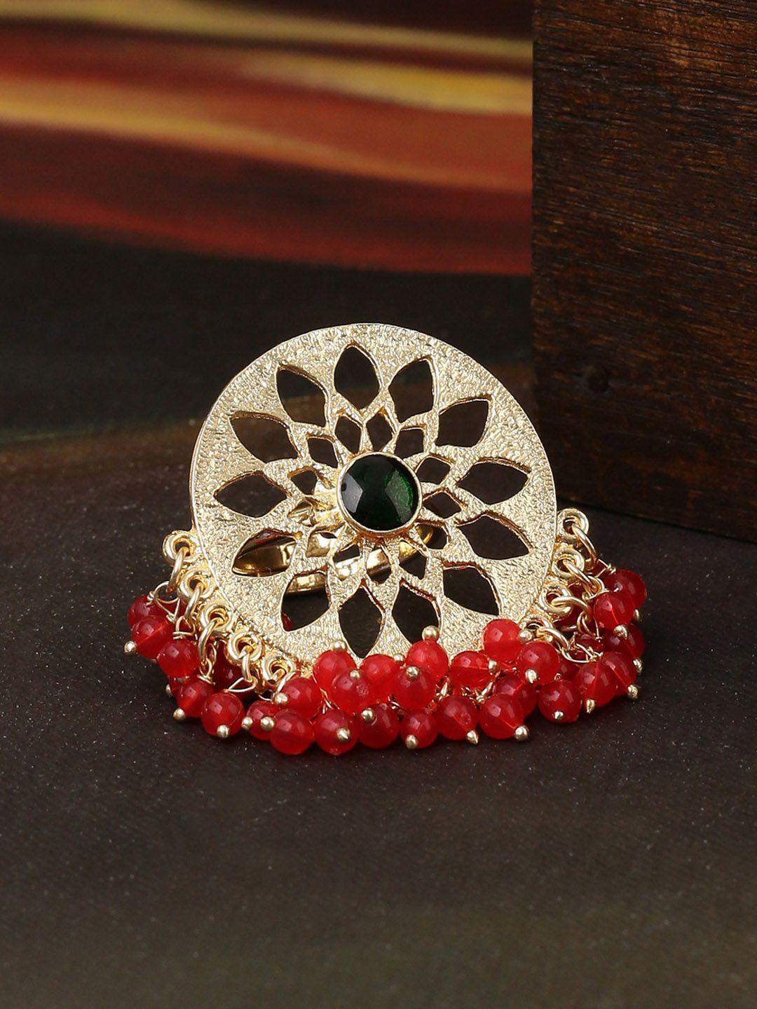 shoshaa women red gold-plated beaded & stone-studded adjustable ring
