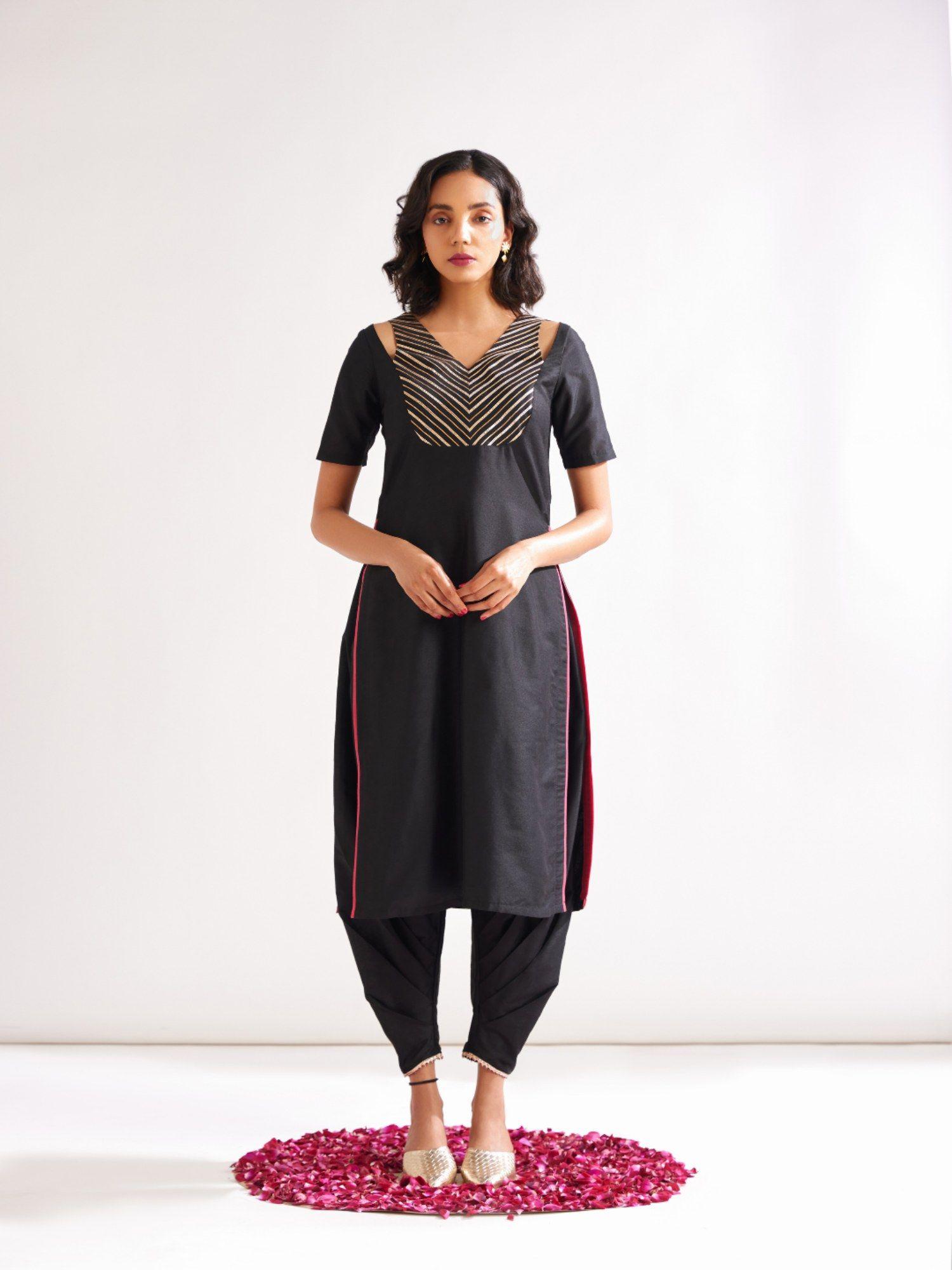 shoulder cut-out kurta highlighted with gota patti yoke - rich black