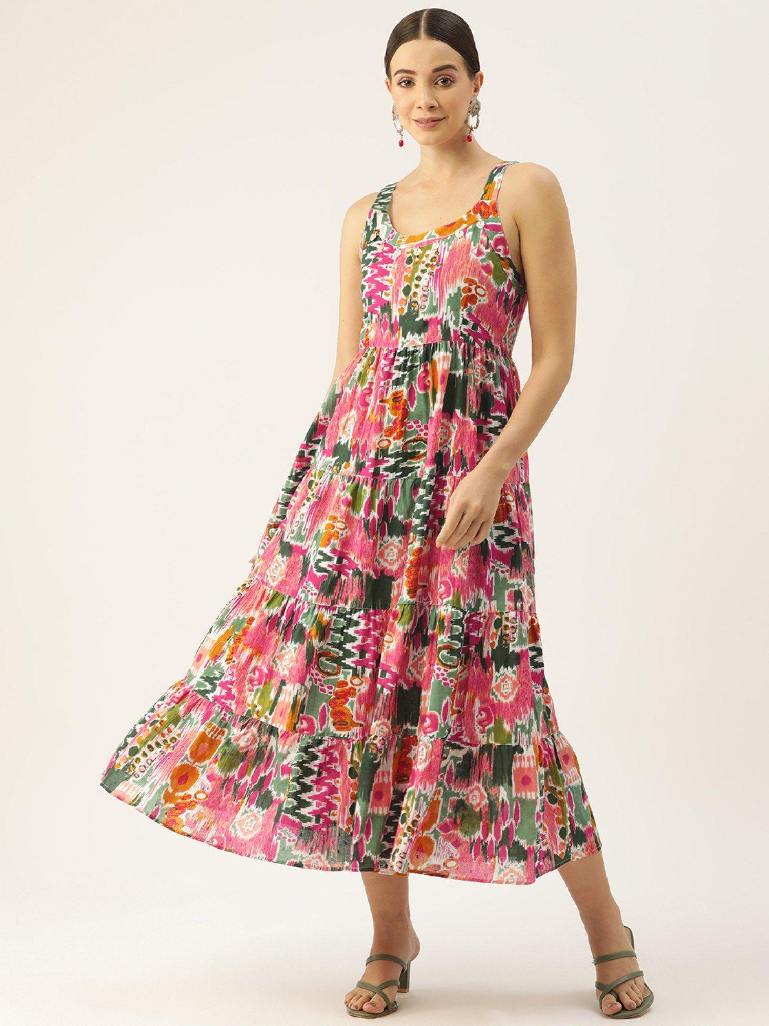 shoulder strapped floral printed fit and flared pure cotton midi dress