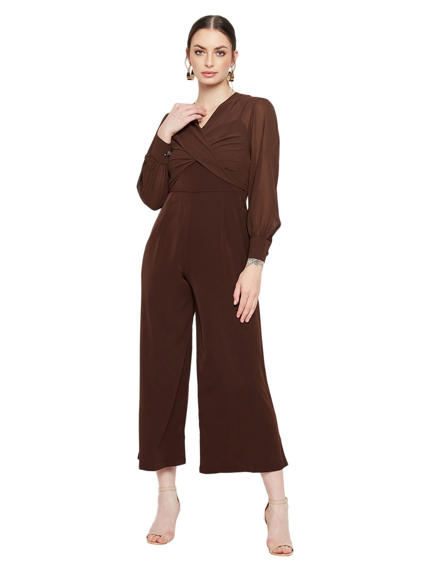 shoulder straps full sleeve straight brown women jumpsuit (set of 2)