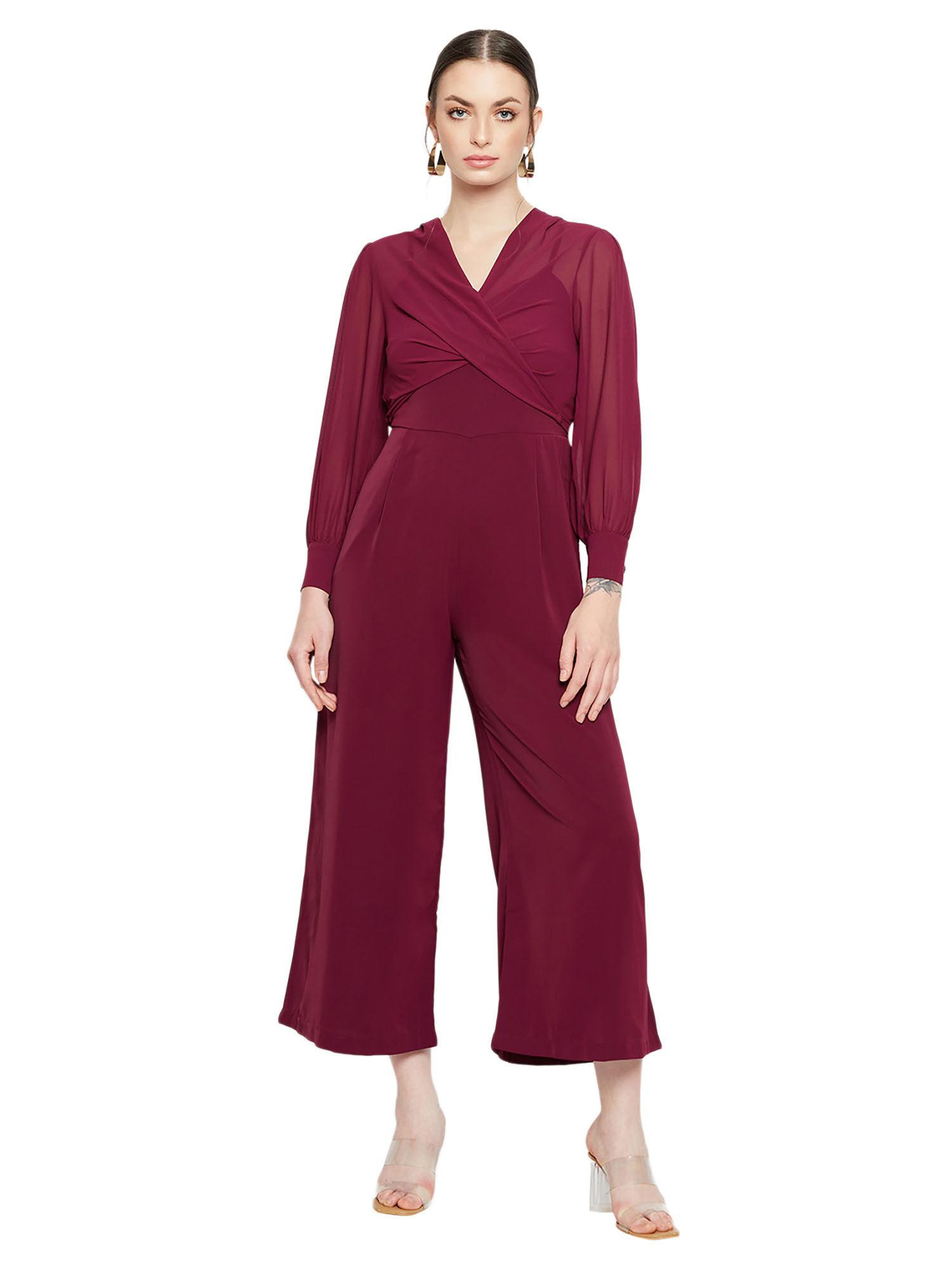 shoulder straps full sleeve straight purple women jumpsuit (set of 2)