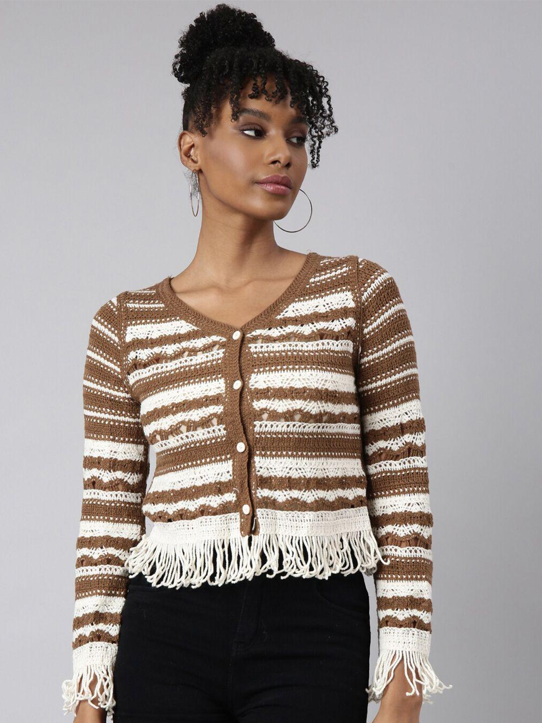 showoff  long sleeves v-neck striped regular crochet top